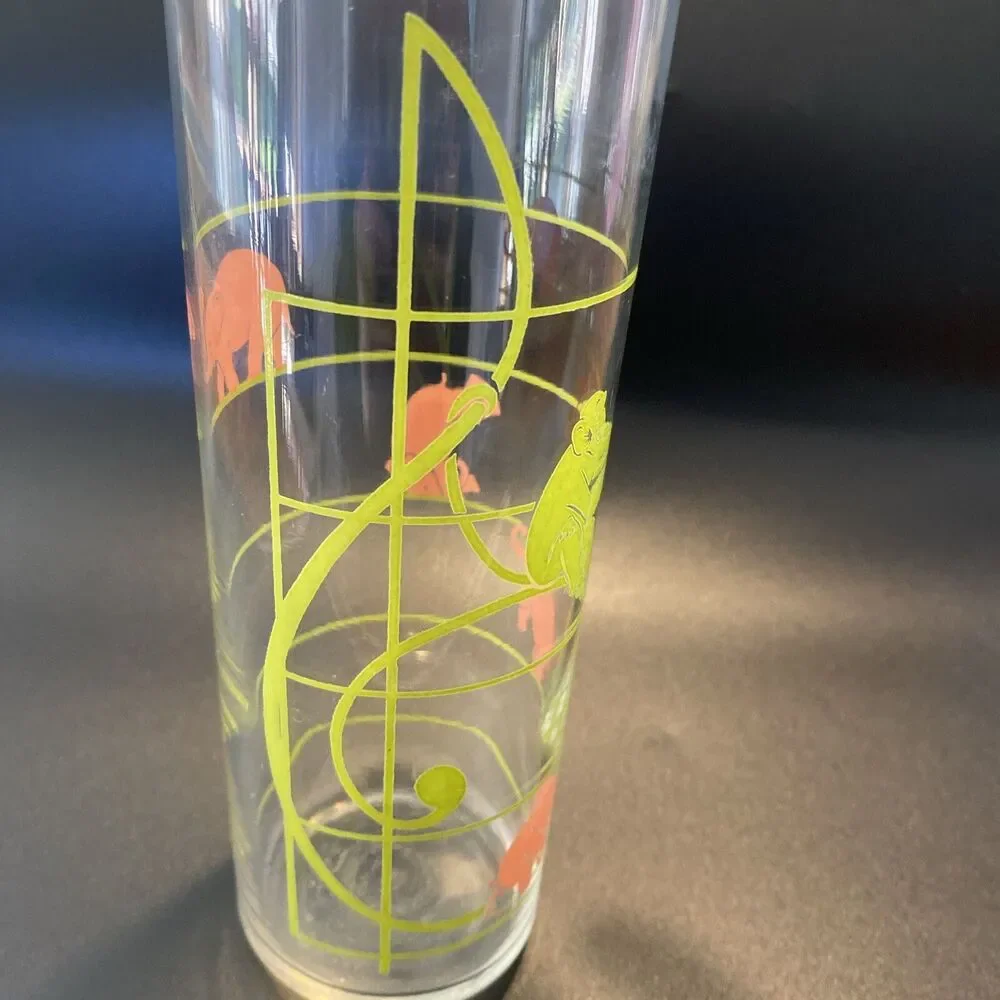 Vintage MCM Federal Glass Pink Elephant & Monkey Musical Notes Highball Glass